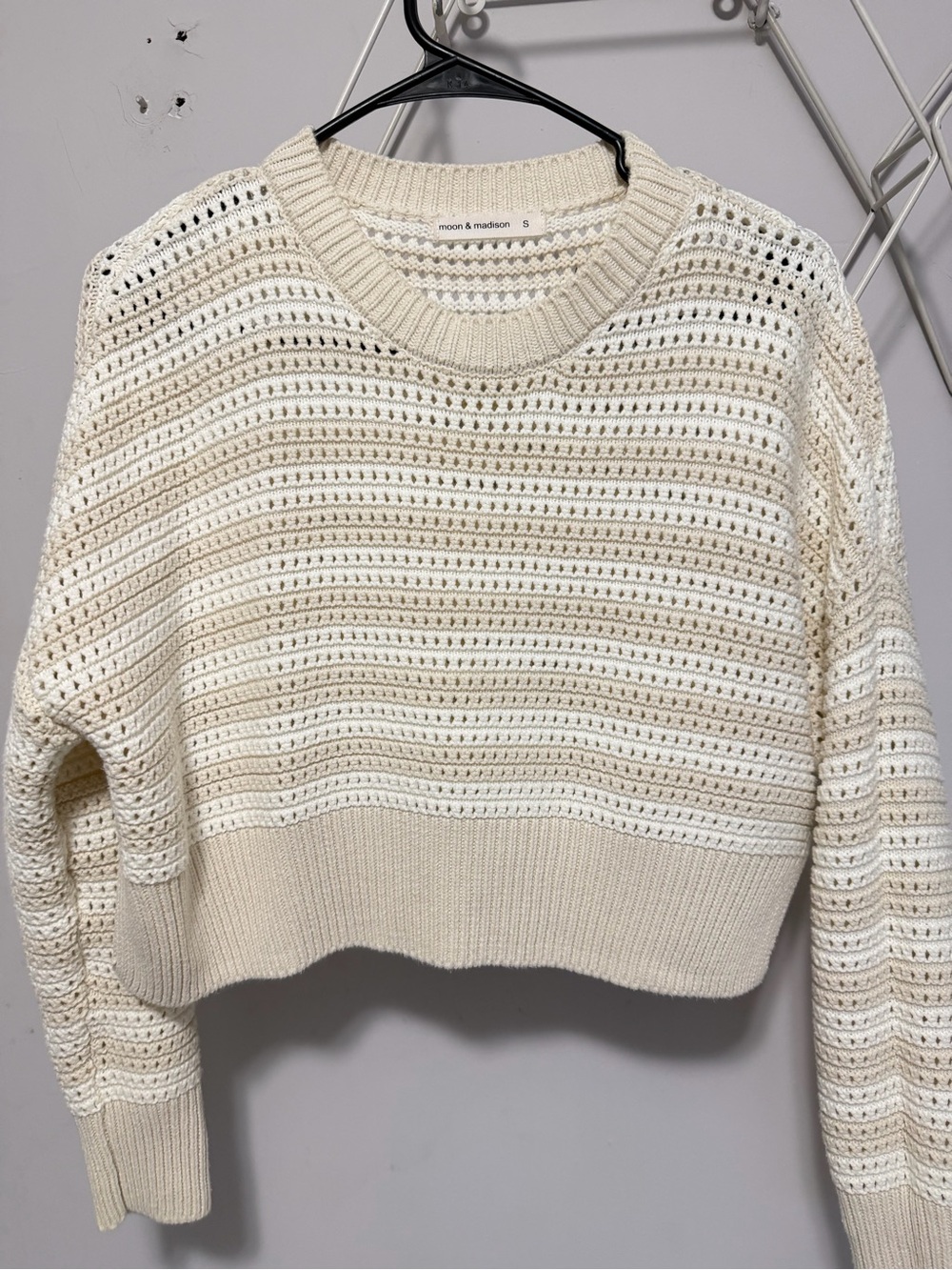 moon & madison Cream Openwork Crochet Crew Sweater